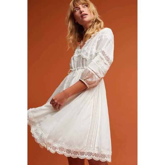 Anthropologie Eri + Ali L Gustavia Dress White Cotton Lace Embroidered Prairie - Picture 1 of 13